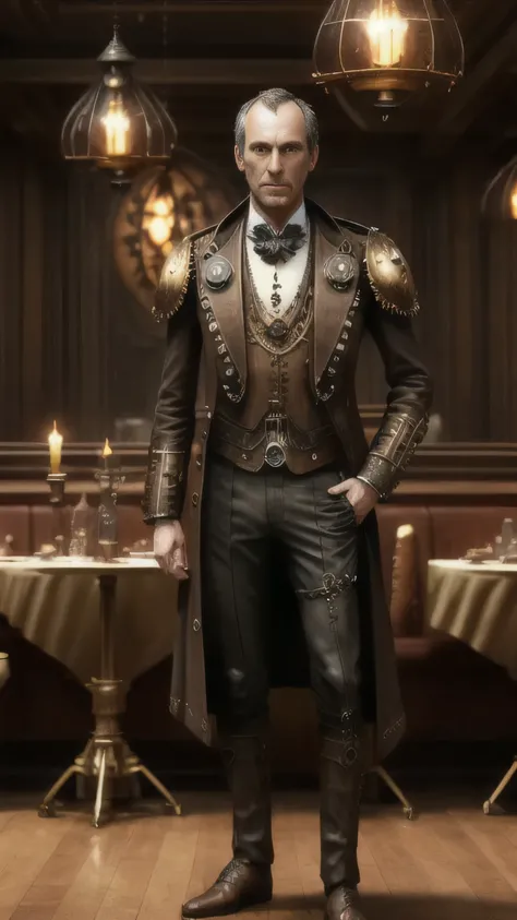 steampunkai, (Stephen Dillane) as Stannis Baratheon, black steampunk tuxedo, gold steampunk shirt, steampunk shoes, standing, in a steampunk restaurant, (1man), (solo), (full body view), beautiful detailed glow, detailed, cinematic light, intricate detail,...