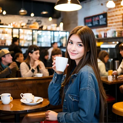 beautiful real american girl, american, in the cafe, crowded cafe, wearing parka