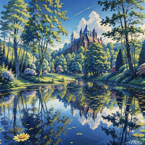 a painting of a pond in park, trees, blue sky, multicolored flowers, by Alexandre Benois, by David Hockney, by Wolfgang Zelmer, by John Wonnacott, pond, david bates, high reflections oil, inspired by Alexandre Benois, by Edmund Blampied, historic artworks ...