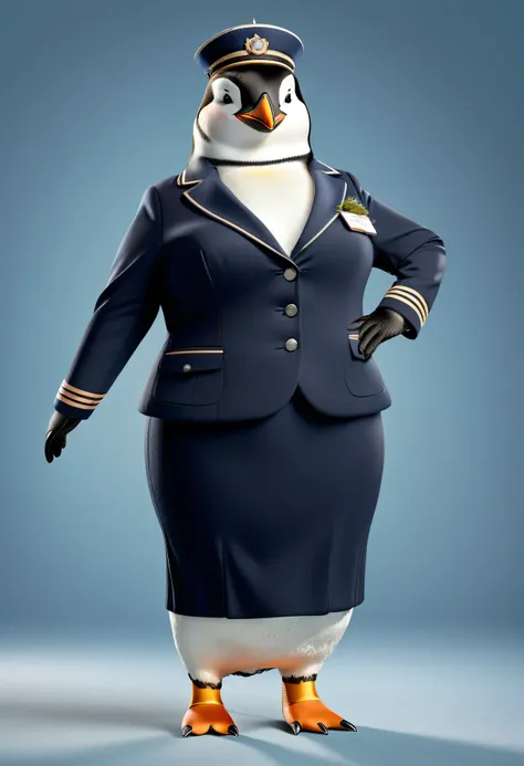 photorealistic portrait of Dressed animals - a ((fat)) penguin Flight attendant,(elegant pose),(happy smile),(), high quality,(lovely) ,intricate details, highly detailed (Flight attendant uniform), earrings,,, (happy), studio lighting,(full body image:2.0...