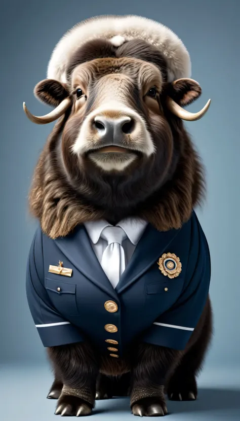 photorealistic portrait of Dressed animals - a ((fat)) musk ox Flight attendant,(elegant pose),(happy smile),(), high quality,(lovely) ,intricate details, highly detailed (Flight attendant uniform), earrings,,, (happy), studio lighting,(full body image:2.0...