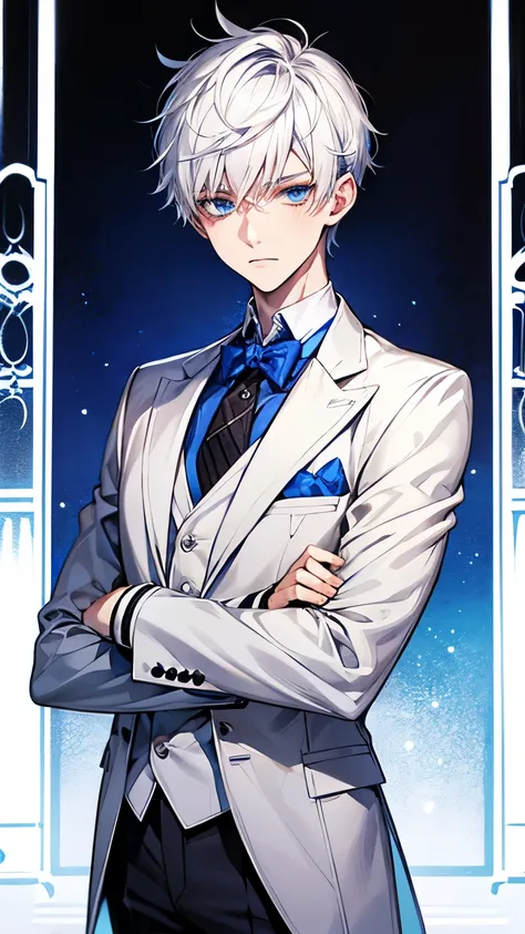 Blue eyes, white hair, male, teenager, short hair, handsome, mysterious, cool, formalwear