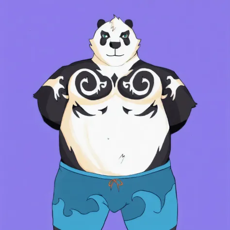 Panda gordinflon, tatuajes teibales, 0jos szules , shorts se 0laya verde