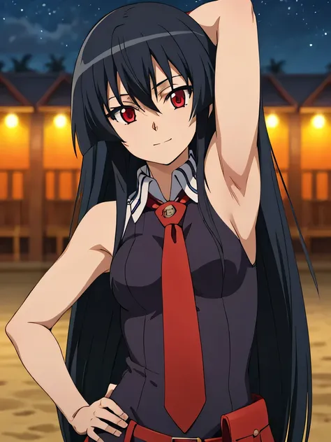 solo, 1girl, looking at viewer, 2D, anime, anime coloring, upper body, akame, necktie, sleeveless, looking at viewer, closed mouth, small smile, solo, night sky, beach, arm behind head, hand on hip, contrapposto, spread armpits,