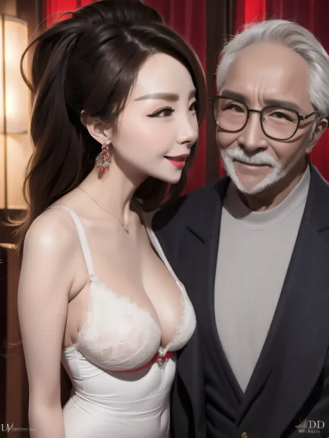 A scantily clad bride is making out with an old man in the nightclub, UHD, masterpiece, textured skin, super detail, best quality, 8k