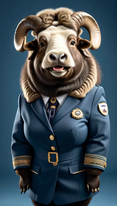 photorealistic portrait of Dressed animals - a ((fat)) musk ox Flight attendant,(elegant pose),(happy smile),(), high quality,(lovely) ,intricate details, highly detailed (Flight attendant uniform), earrings,,, (happy), studio lighting,(full body image:2.0...