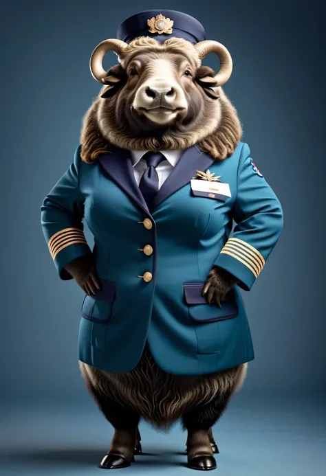 photorealistic portrait of Dressed animals - a ((fat)) musk ox Flight attendant,(elegant pose),(happy smile),(), high quality,(lovely) ,intricate details, highly detailed (Flight attendant uniform), earrings,,, (happy), studio lighting,(full body image:2.0...