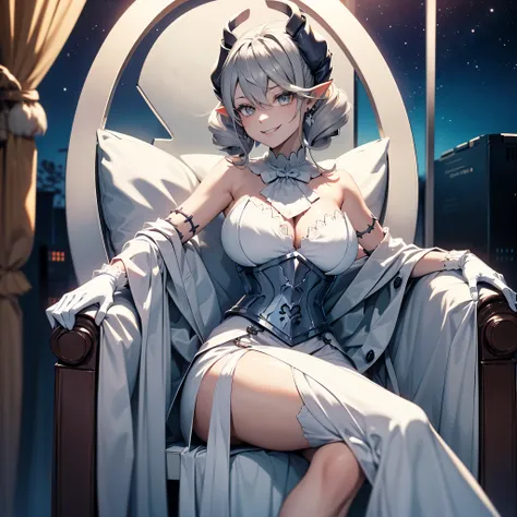 table top　High level image quality　best image quality　8K　 adult woman　whole body　portrait　pure white long gloves（elbow gloves）　　white long dress（slit）　white wolf ears  　short hair（（shortcut）（gray hair）（perm）（fluffy））　eye color is red　attractive evil face（（...