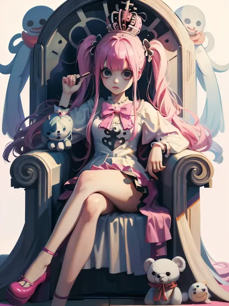 perona, onepiece, wearing a crown, pink twin tails, long hair, have a stuffed bear, kumasi,  there are white transparent hologho...