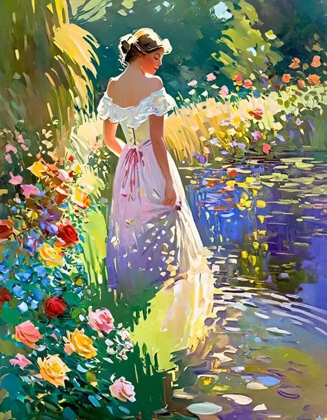 in a garden, a girl wearing a flowing dress is standing by a pond. she gazes at the water, captivated by the colorful reflection...