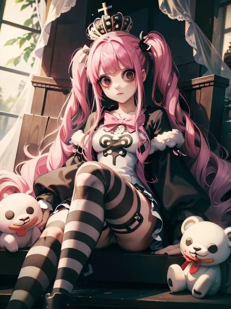 Perona, onepiece, Wearing a crown, Pink twin tails, Long Hair, Have a stuffed bear, Kumasi,  There are white transparent hologhosts floating around., Throne, Sitting on a luxurious throne, Crossing your legs, She is wearing black and white striped knee-hig...