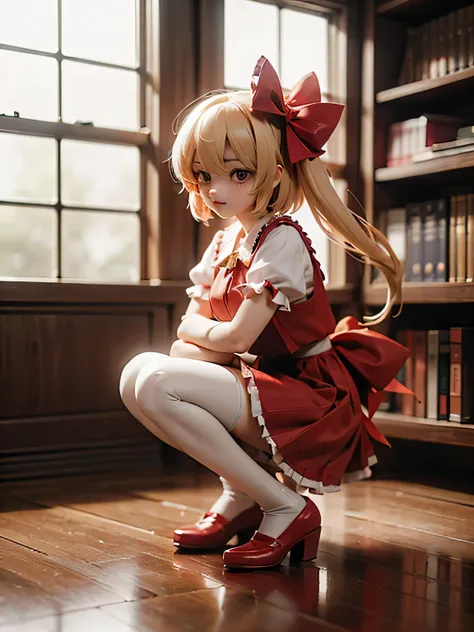 flandre scarlet、touhou project、young、lovely、white knee highs、crouch、slender、drawers、red shoes、library、western-style building