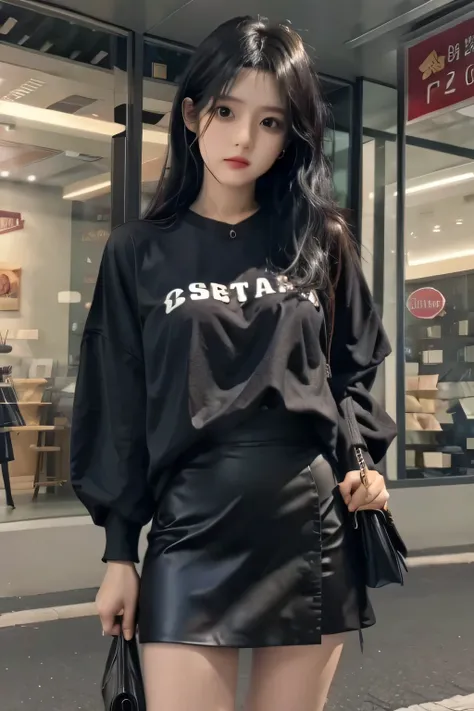 Realistic　woman　Black Hair　Y2K Fashion　City　Korean　Fair skin　whole body　Clothes　Long legs　mini skirt