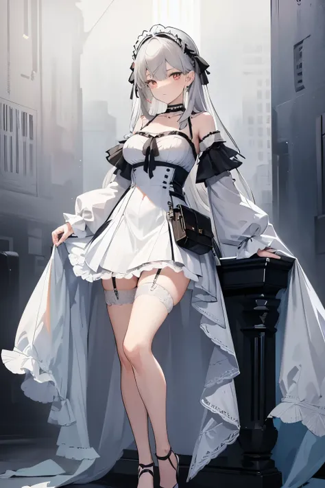 
A white-based inner miniskirt with long lace-like fabric, grey hair, a gun hidden in the garter belt, an open chest, a girl with a choker, a full-body drawing