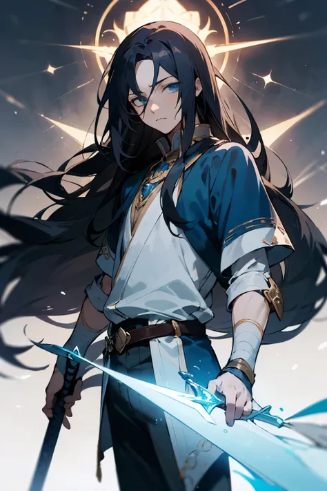 A male anime character that looks kind with long dark hair but eyes that are cold and expressionless. Wearing fantasy swords and magic world clothing with majestic aura 