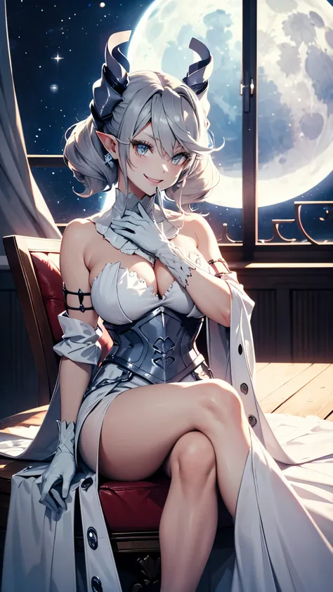 table top　High level image quality　best image quality　8K　 adult woman　whole body　portrait　pure white long gloves（elbow gloves）　　white long dress（slit）　white wolf ears  　short hair（（shortcut）（gray hair）（perm）（fluffy））　eye color is blue　attractive evil face（...