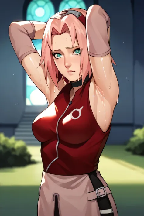 score_9,score_8_up,score_7_up,score_6_up,score_5_up,score_4_up BREAK skinny,choker,medium breasts,detached sleeves,outdoors,forest,shiny skin,bokeh,bloom,indoors,light particles,castle,space,1girl,haruno sakura,pink hair,short,hair,green eyes,forehead prot...