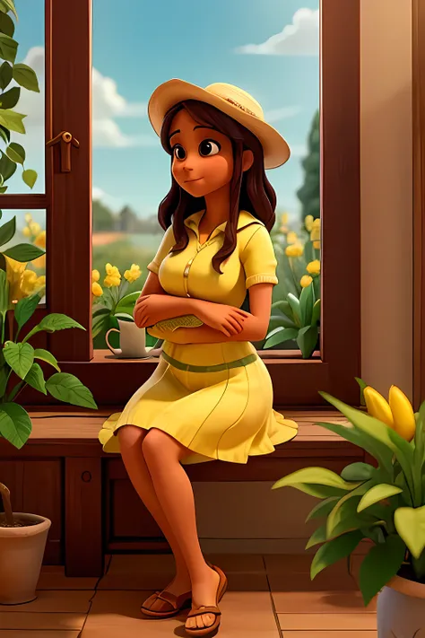 Una chica delgada con un todo de piel morena claro, drinking tea sitting near a window being hugged affectionately by the spirit of a dog, while looking through the window at a lemon verbena plant shaped like a dog&#39;s paw