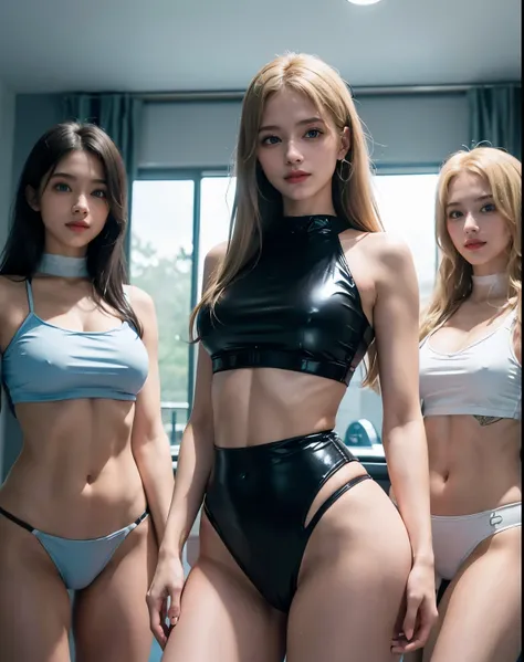 4girl, (Blue Eyes), (smiling :1.2), (Sana Minatozaki), wide hips, Big tits, big ass, (shiny body :1.2), (Best Quality, 8k, Masterpiece: 1.3), Clear Focus: 1.2, Perfect Body Beauty: 1.4, (strong abs :1.3), Highly detailed face and skin texture, detailed eye...