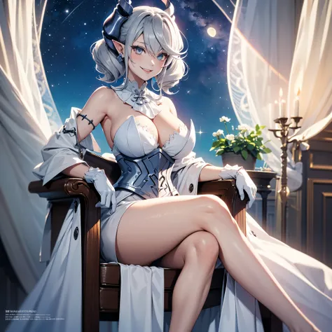 table top　High level image quality　best image quality　8K　 adult woman　whole body　portrait　pure white long gloves（elbow gloves）　　white long dress（slit）　white wolf ears  　short hair（（shortcut）（gray hair）（perm）（fluffy））　eye color is blue　attractive evil face（...