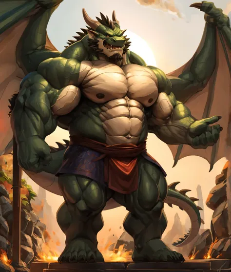 "a dragon orc，strong body，muscular，full of strength and wildness。his skin shows dark scales，like dragon scales，shining with a ha...