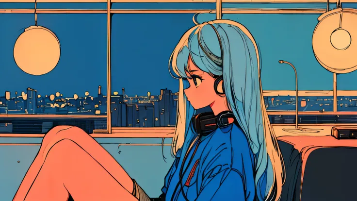 City pop style art,Light blue hair, long hair, Wearing headphones, Futuristic yet lo-fi, Retro, Vintage, Ghost, masterpiece, Sitting on the floor, ennui, Night view (( Late Night )), (( Looking down ))