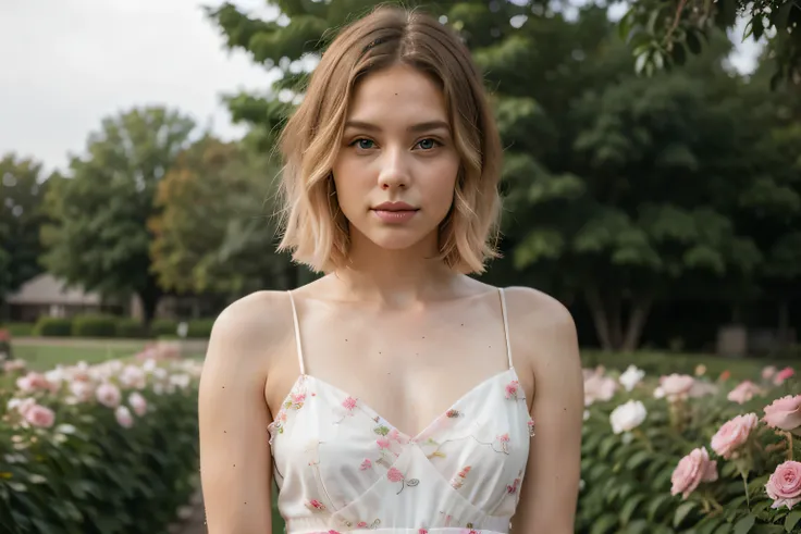 8k, RAW photo, Fujifilm, style photo of a beautiful young woman as avril in a garden of light pink roses (highly detailed skin: 1.2) Style-Petal BREAK short hair, blonde hair with colored locks, wearing a dress, film granulation, 35mm, cute style