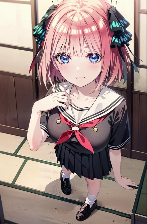 I was silent, nino nakano, Short Hair, bangs, blue eyes, hair ornaments, Hair Ribbon, Pink Hair, blunt bangs, Both sides up, butterfly hair ornaments,smile, Grin,Big Breasts,Japanese schoolgirl(Sailor suit),Short sleeve,Black pleated skirt,White loose sock...