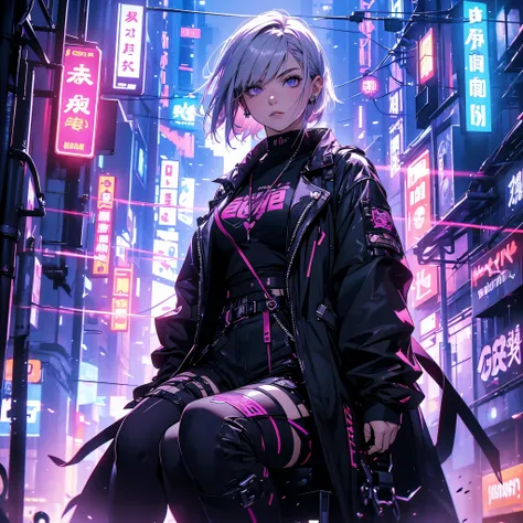 (ultra-realistic, highres, best quality, 4k, professional, cowboy shot), an image of a character sitting in a neon lit area, beauty eyes, sharp eyes. Her Asymmetric Pixie hairstyle, silver hair, short hair, and left-facing bangs with red highlights make he...