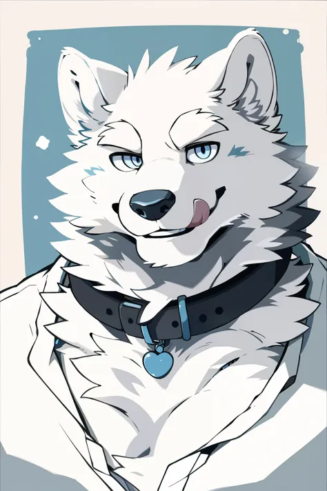 (snow wolf), anthropomorphic white wolf, solo, (pure white face), (all white fur:1.5), (collar), (perfect blue eyes:1.4), （artis...