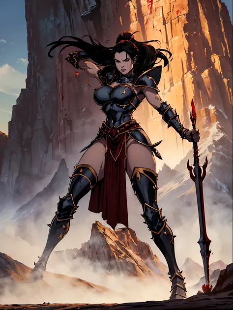 (masterpiece, top quality, best quality, official art, beautiful and aesthetic:1.2), (1girl:1.3), ((Sharp facial features, sharp features, hawkish features)), ((pale skin, orange eyes, big hair, long black hair, ponytail)), big tiddy chaos warrior girl, ex...