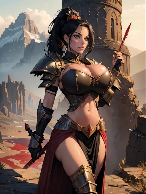 (masterpiece, top quality, best quality, official art, beautiful and aesthetic:1.2), (1girl:1.3), ((Sharp facial features, sharp features, hawkish features)), ((pale skin, orange eyes, big hair, long black hair, ponytail)), big tiddy chaos warrior girl, ex...