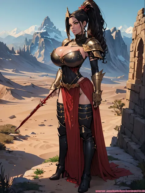 (masterpiece, top quality, best quality, official art, beautiful and aesthetic:1.2), (1girl:1.3), ((Sharp facial features, sharp features, hawkish features)), ((pale skin, orange eyes, big hair, long black hair, ponytail)), big tiddy chaos warrior girl, ex...