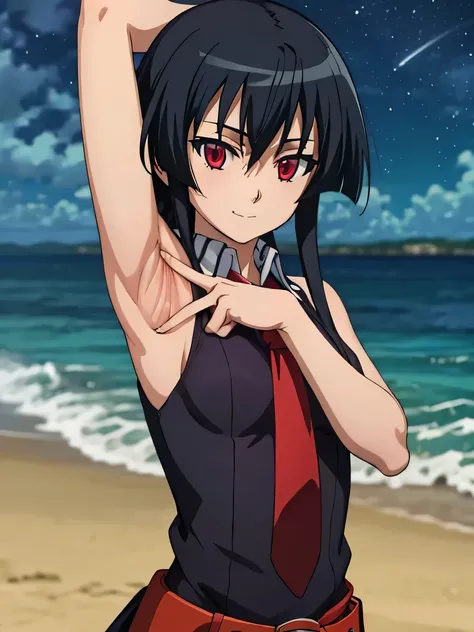 solo, 1girl, looking at viewer, 2D, anime, anime coloring, upper body, akame, necktie, sleeveless, looking at viewer, closed mouth, small smile, solo, night sky, beach, {arms behind head}, contrapposto, spread armpits,