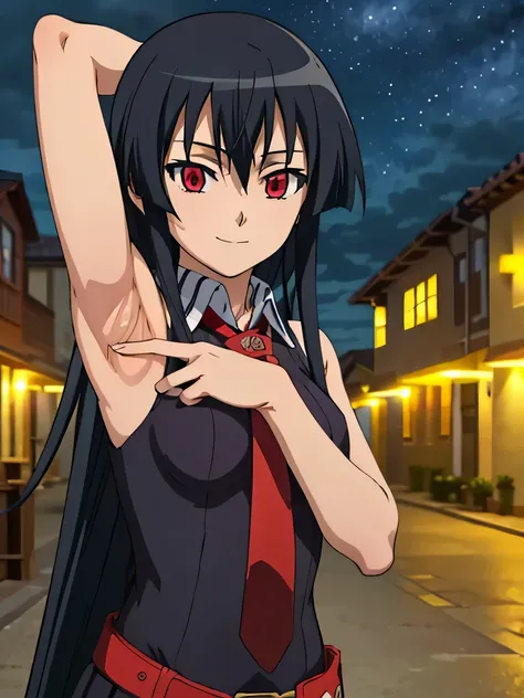 solo, 1girl, looking at viewer, 2D, anime, anime coloring, upper body, akame, necktie, sleeveless, looking at viewer, closed mouth, small smile, solo, night sky, beach, {arms behind head}, contrapposto, spread armpits,