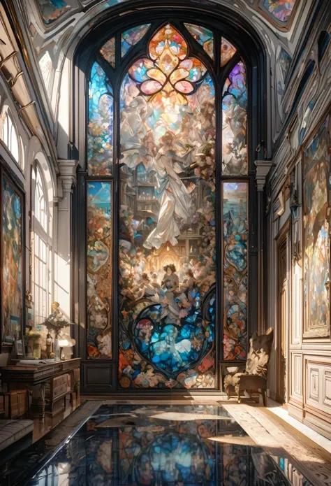 best quality, super fine, 16k, incredibly absurdres, extremely detailed, delicate and dynamic, jigsaw puzzle, transparent stained glass, orthodox paintings on black framework, iridescent reflections, white building walls, Mediterranean atmosphere