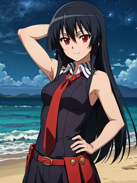 solo, 1girl, looking at viewer, 2D, anime, anime coloring, upper body, akame, necktie, sleeveless, looking at viewer, closed mouth, small smile, solo, night sky, beach, arm behind head, hand on hip, contrapposto, spread armpits,