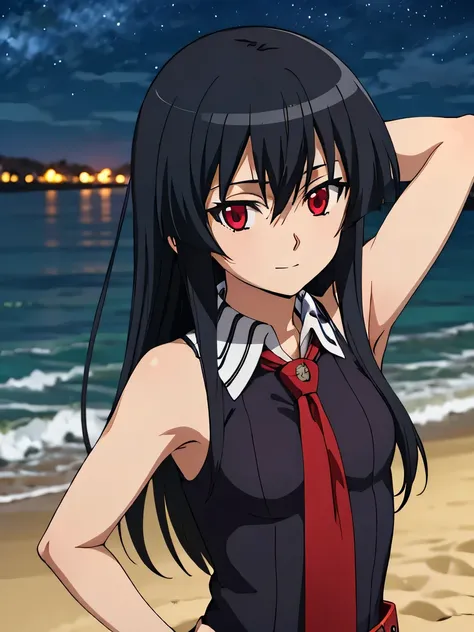 solo, 1girl, looking at viewer, 2D, anime, anime coloring, upper body, akame, necktie, sleeveless, looking at viewer, closed mouth, small smile, solo, night sky, beach, arm behind head, hand on hip, contrapposto, spread armpits,