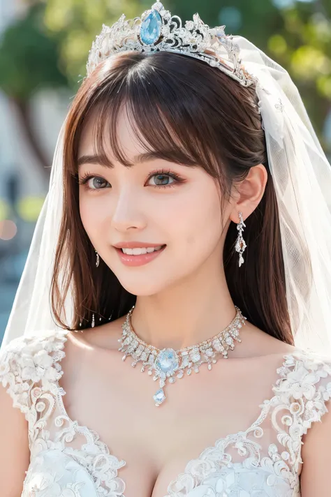 (highest quality、Tabletop、8k、Best image quality、Award-winning works)、One beautiful bride、(alone:1.1)、(The most extravagant and gorgeous huge wedding dresses:1.1)、(Perfect Wedding Lace:1.2)、(The most extravagant and luxurious giant tiara:1.1)、(The most extr...