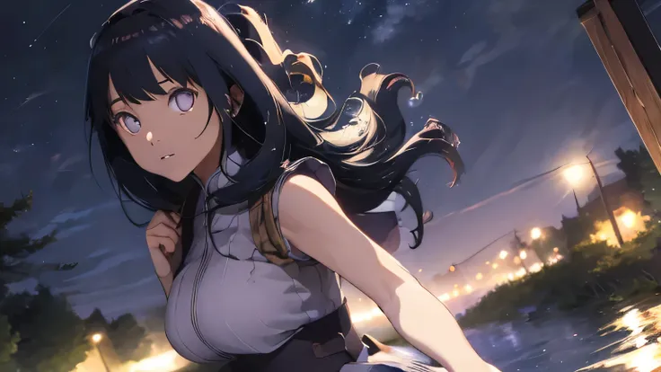 city。stroll。anime。cute older sister。night。blue moment。beautiful light blue night sky。anime style。gentle lines。head to waist。fron...