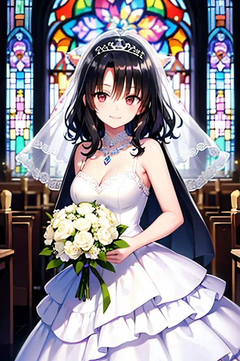 Black Hair Medium Hair、smile、White wedding dress Veil、tiara、church Stained glass、Holding a bouquet