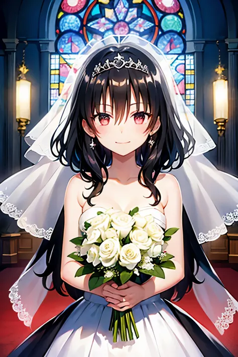 Black Hair Medium Hair、smile、White wedding dress Veil、tiara、church Stained glass、Holding a bouquet
