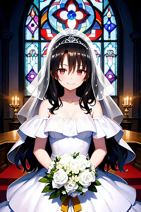 Black Hair Medium Hair、smile、White wedding dress Veil、tiara、church Stained glass、Holding a bouquet