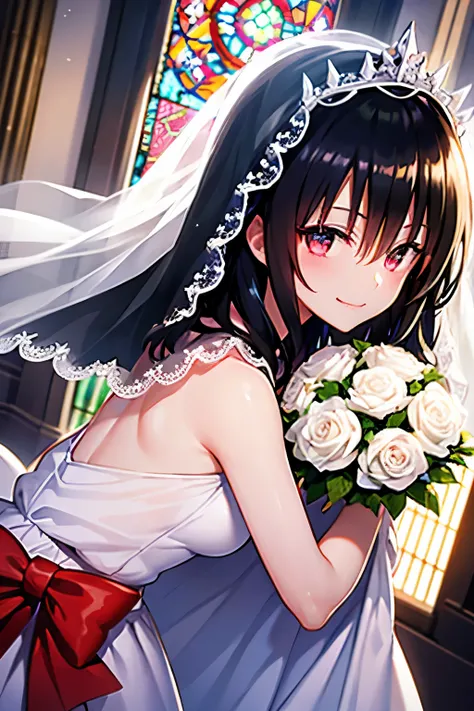 Black Hair Medium Hair、smile、Huge 、White wedding dress Mini length、Veil tiara、church Stained glass、Holding a bouquet、Looking back Line of sight、Low - Angle