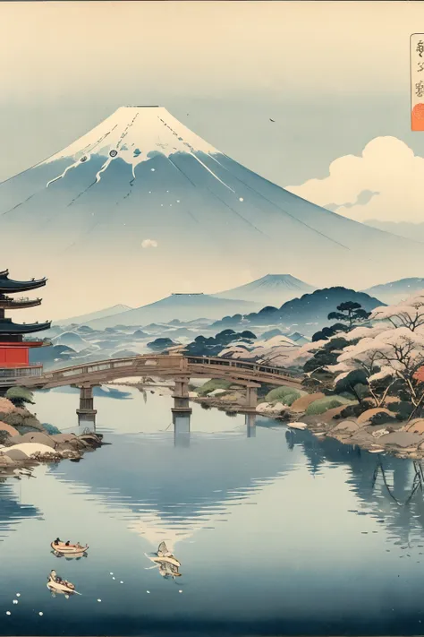 masterpiece,best quality,cute ukiyo-e,outdoor,tokyo future city,mountain fuji in background,