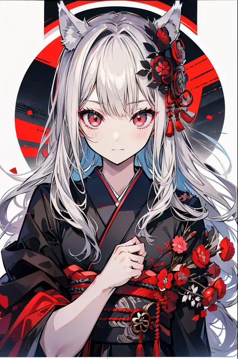 high quality, wolf ears,black kimono,gray hair,long hair, seductive red eyes,nice,japanese style,fight,martial arts,fist,fistのfi...