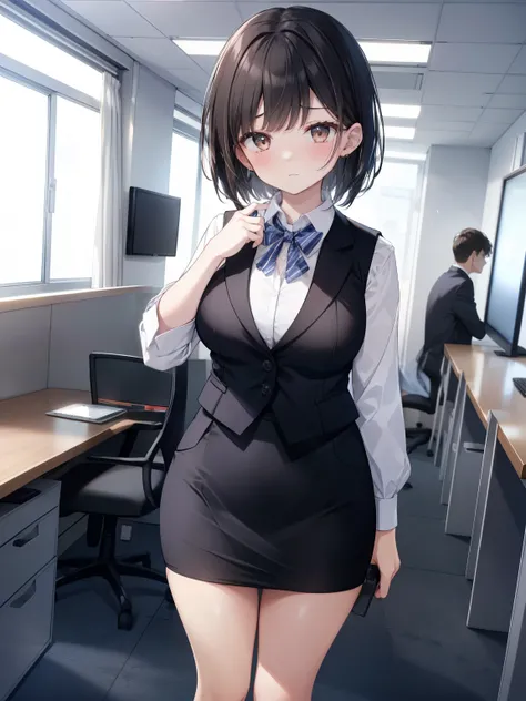 highest quality, Flying debris、Beautiful woman、officeレディー、Black Hair、(Brown eyes、Big Breasts)、short hair、チェック柄のダークブルーのofficeスーツ)、new employee,Full Body Shot、Female office lady、break(Dark blue checked vest、White dress shirt、Navy blue mini tight pencil skirt...