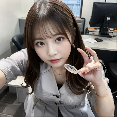 Huge 、G-Cup、、Open、(((Holding a condom)))、、Office Lady、Wearing a gray exy、height: 145cm、Age 25、Crouched down in an empty office、