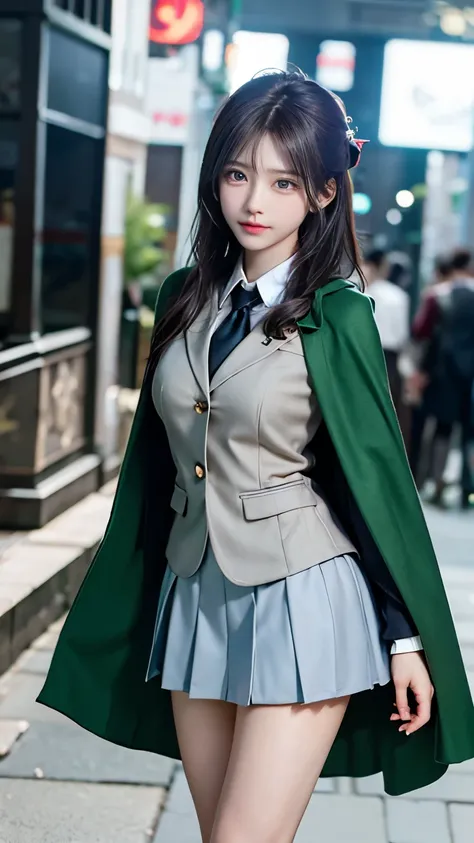 masterpiece, highest quality, 1 girl, alone, Nahida_Genshin, cross-shaped pupil, , green tie, blazer, pleated skirt, green cloak, Are standing  