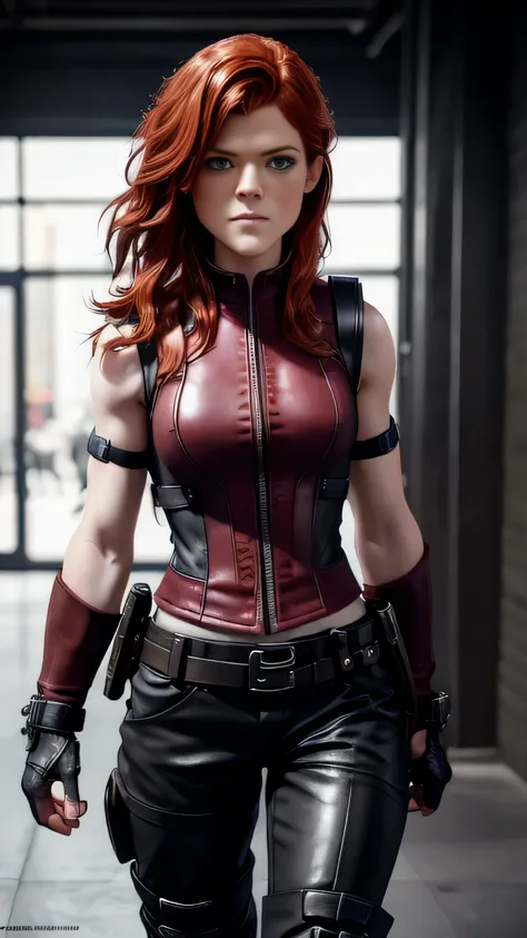 ((rose leslie)) as kira from mortal kombat, dark tactical clothing, black sexy short leather waistcoat, crimson leather shorts, ...